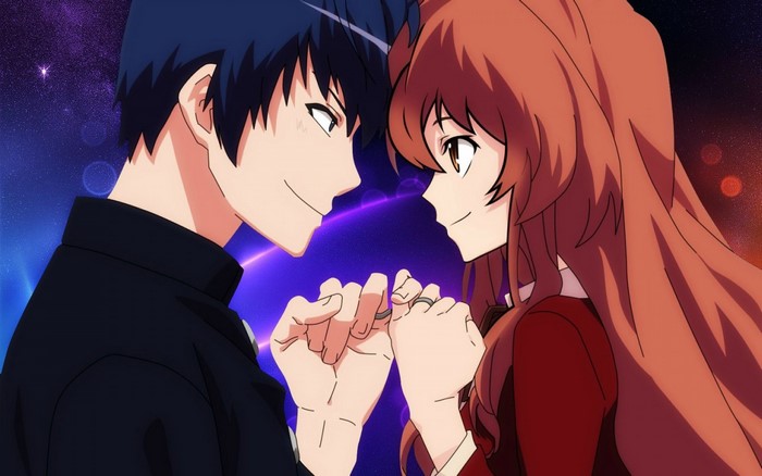 Aisaka Taiga and Takasu Ryuuji from Toradora holding hands
