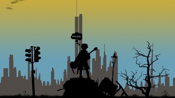 Silhouette of a boy with a guitar and FLCL thought bubble in a city skyline at sunset