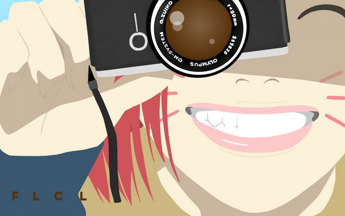 Haruko Haruhara from FLCL holding an Olympus camera