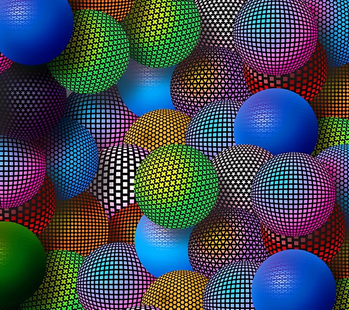 Colorful patterned spheres and solid blue spheres