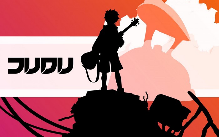 FLCL illustration with Nandaba Naota silhouette and logo