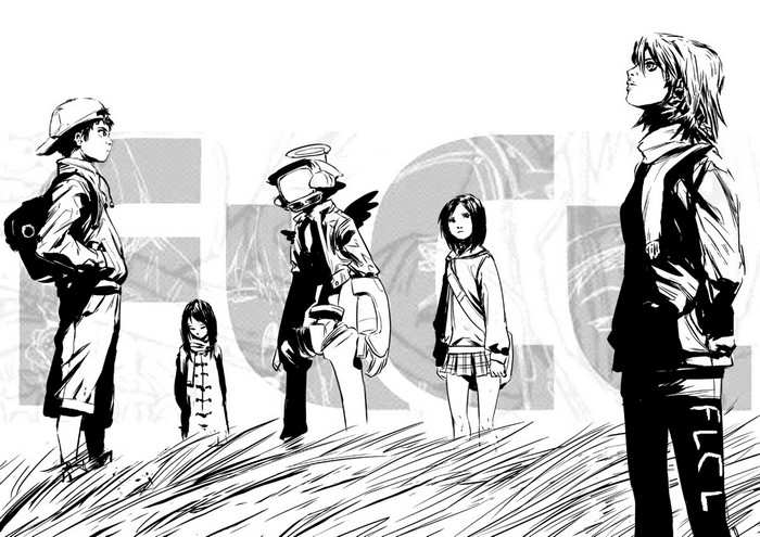 Characters from FLCL standing in grass