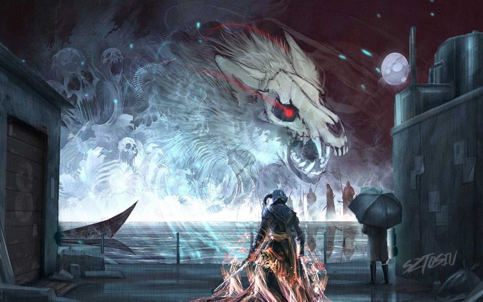 Ghostly wolf skull and figures in a dark city
