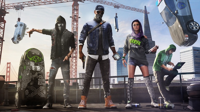 Watch Dogs 2 characters on a rooftop with San Francisco skyline