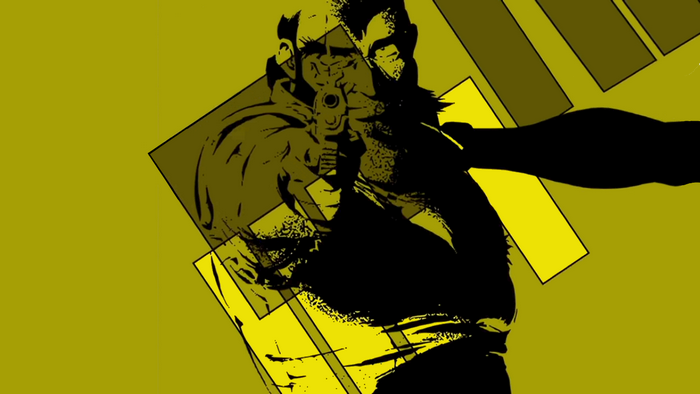 Jet Black from Cowboy Bebop pointing a gun