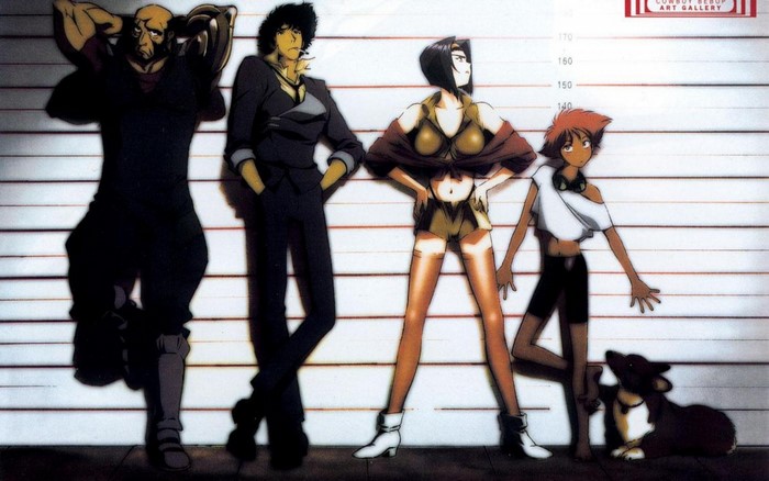 Cowboy Bebop characters and Ein posing for a lineup