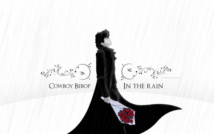Spike Spiegel from Cowboy Bebop holding roses in the rain