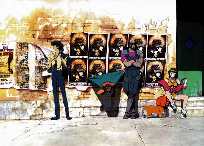Cowboy Bebop characters and Ein in front of posters