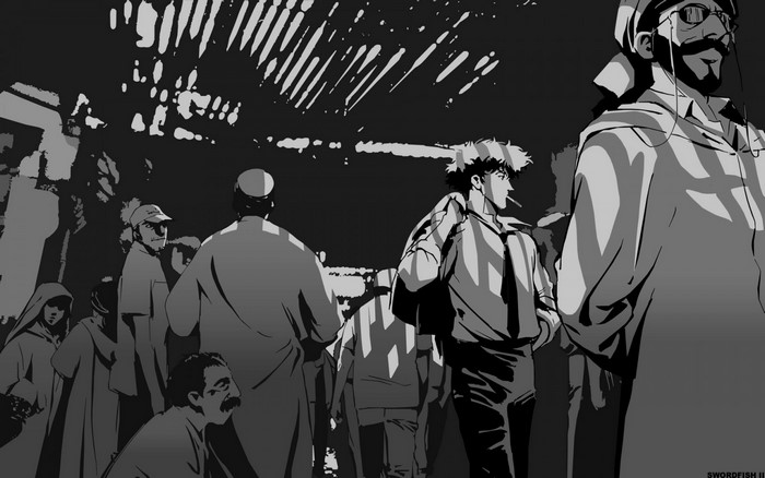 Spike Spiegel and others in a monochrome illustration