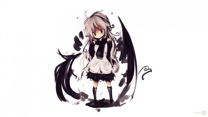 Chibi anime girl with white hair and black wings