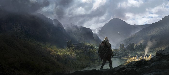 Fantasy art of a lone figure overlooking a misty valley with ruins and a village