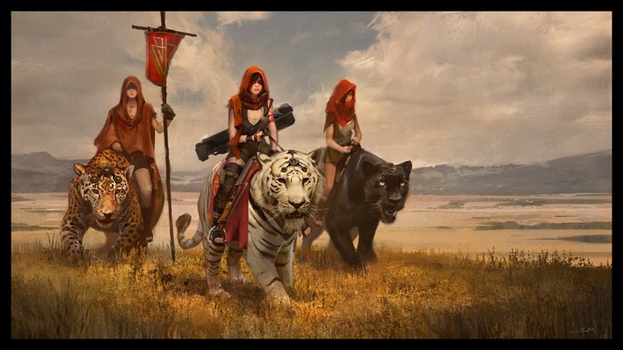 Women riding exotic big cats with a banner