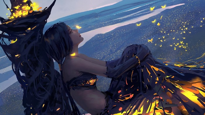 Woman in dark dress with glowing butterflies