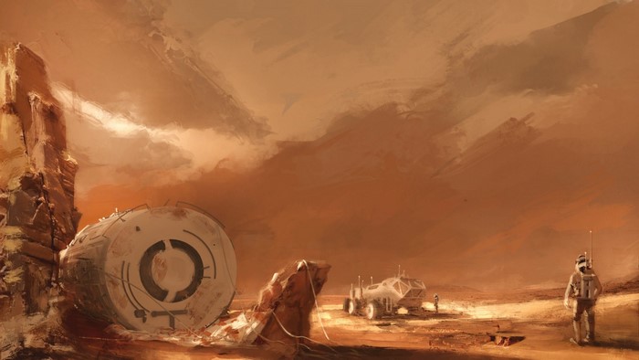 Astronauts on a desolate planet with crashed spacecraft