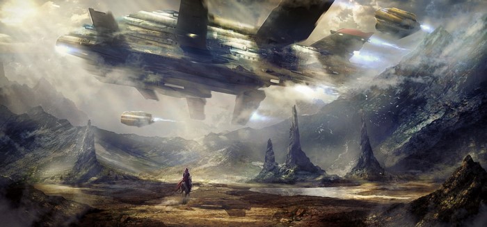Futuristic ships flying over a mountainous landscape with a person on horseback