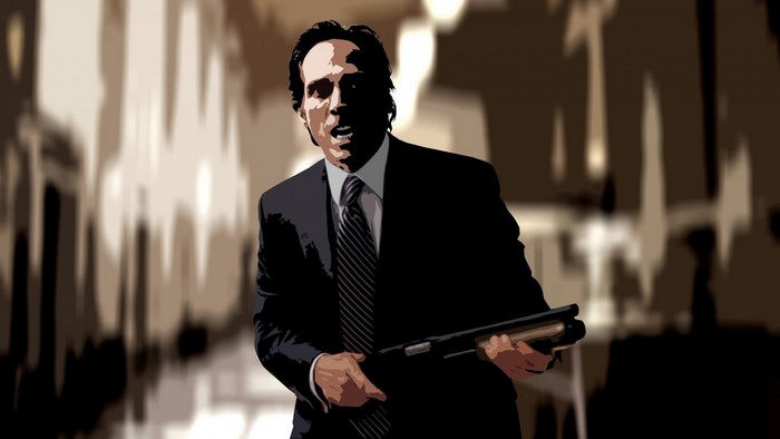 Man in suit holding a shotgun