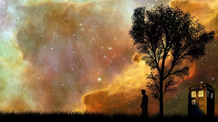 Silhouette of a man and the TARDIS from Doctor Who under a starry sky
