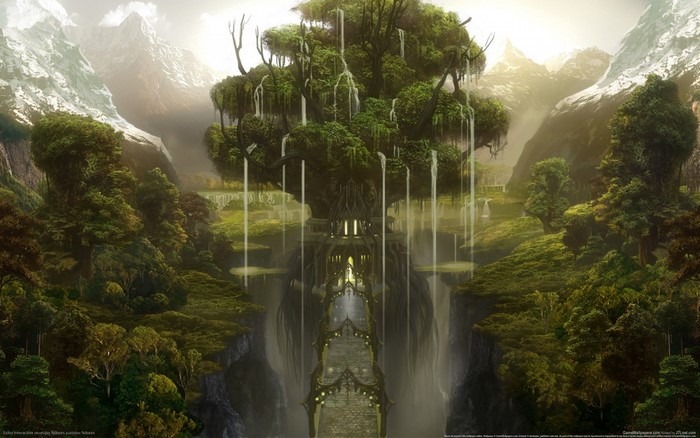 Fantasy forest with a giant tree and waterfalls