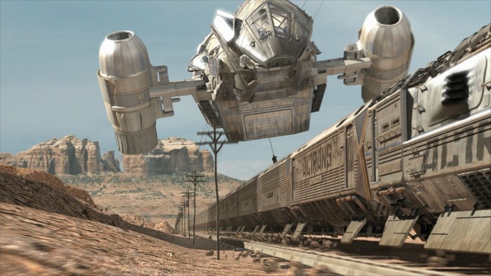Spaceship hovering over a train in a desert landscape
