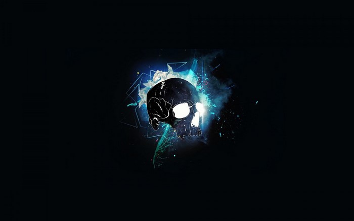 Dark skull with abstract blue light and geometric shapes