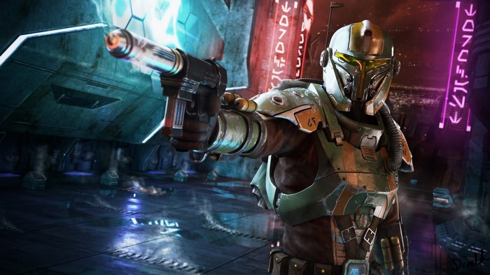 Mandalorian bounty hunter aiming a blaster in a futuristic city