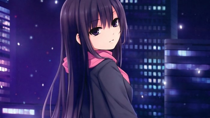 Anime girl with dark hair and pink scarf in city at night