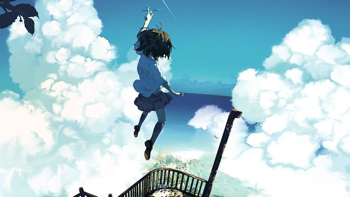 Anime girl jumping in the sky with clouds