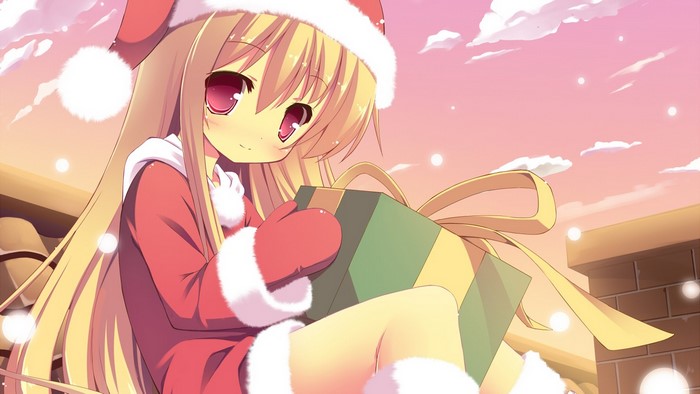 Anime girl in Santa costume holding a gift
