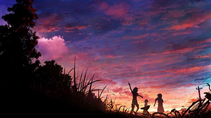 Anime children silhouetted against a vibrant sunset sky