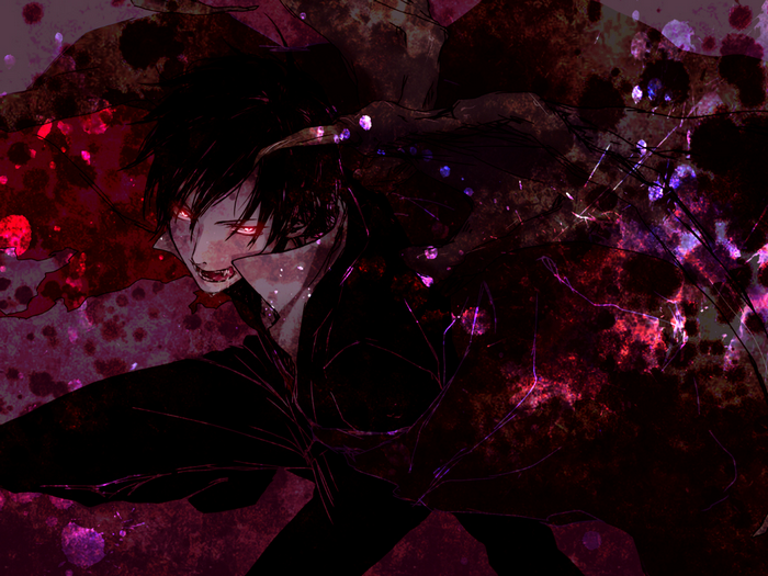 Anime vampire with red eyes and fangs