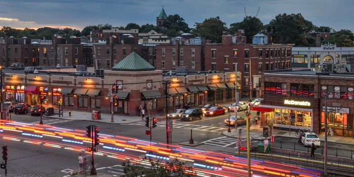 Cityscape with light trails and McDonald's in Allston