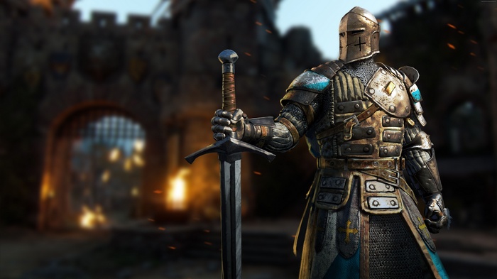 For Honor Knight holding a sword in front of a castle gate