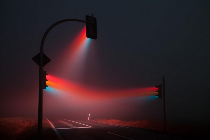 Traffic lights in fog at night