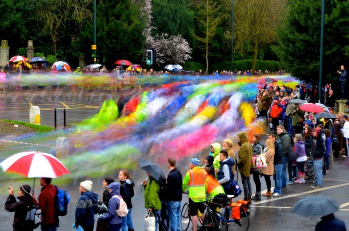 Color powder thrown at runners during a race