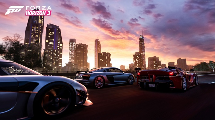 Forza Horizon 3 cars at sunset with city skyline