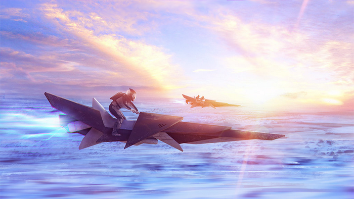 Science fiction riders on hovercrafts at sunset over the ocean