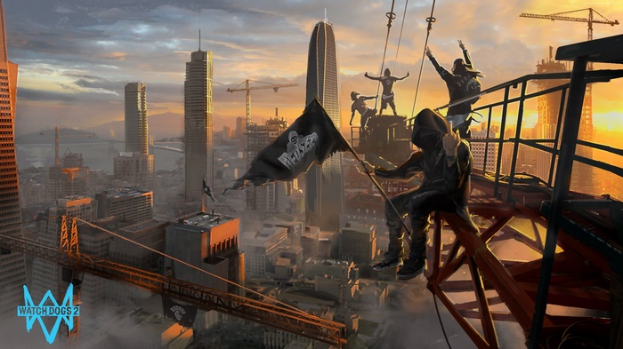 Watch Dogs 2 characters on a construction site at sunset