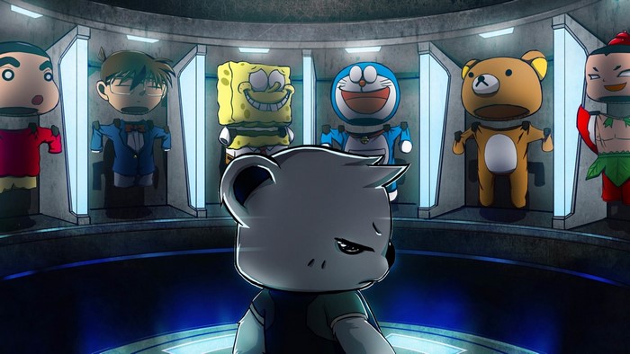 Various cartoon characters in pods with a bear in foreground