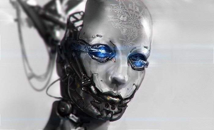 Close-up of a robotic head with blue glowing eyes