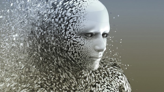 Fragmenting human sculpture with metallic squares