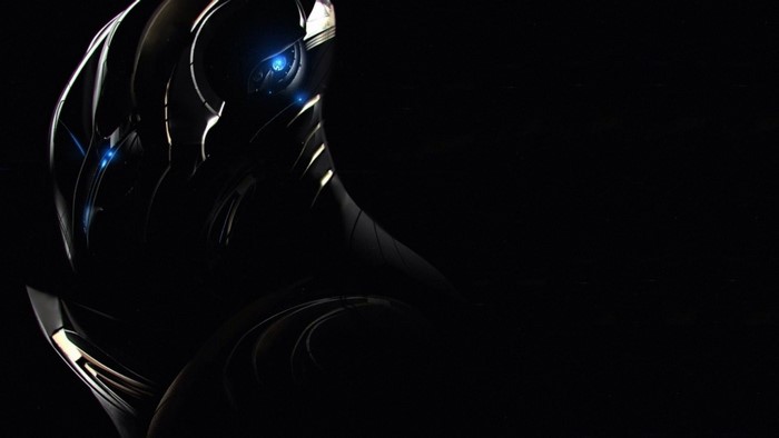 Dark science fiction robot with blue eyes