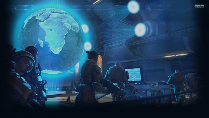 XCOM soldiers in a futuristic control room with a holographic Earth