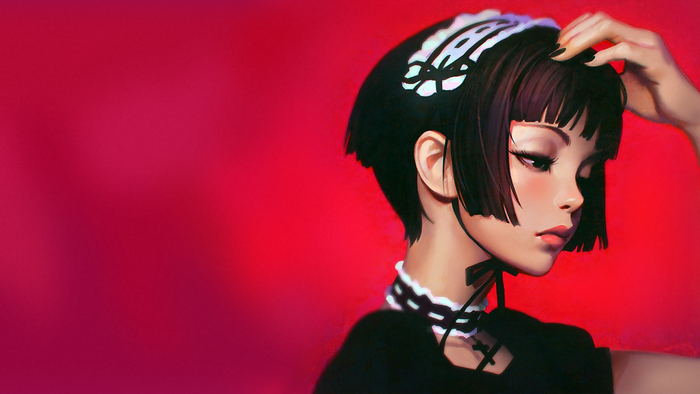 Girl with black bob haircut and maid headband