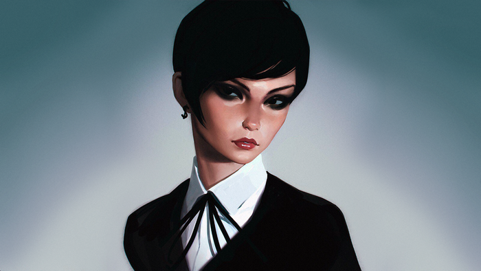 Painting of a woman with black hair and formal wear