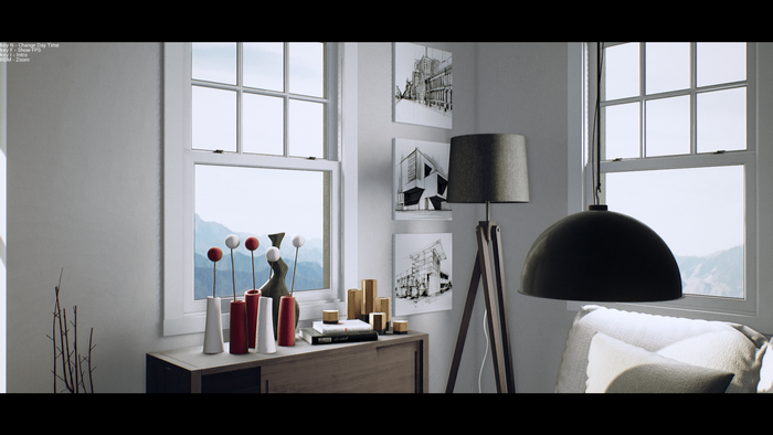 Interior design of a living room with windows and furniture