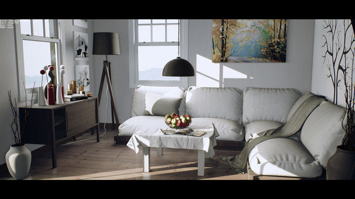 Living room with sofa, table, and window