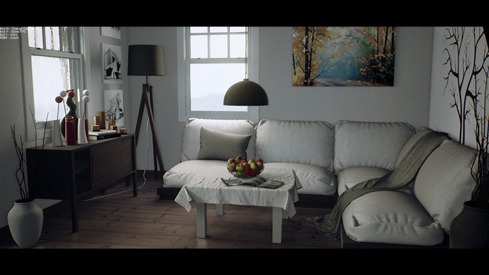 Living room interior with sofa, coffee table, and artwork