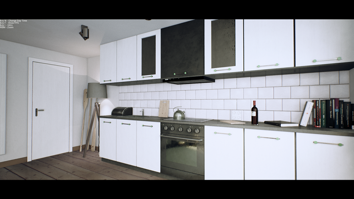 Modern kitchen interior with white cabinetry and subway tile backsplash