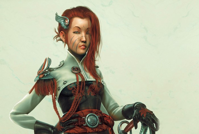 Fantasy woman warrior with red hair and ornate uniform