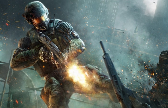Soldier firing weapon in a destroyed city